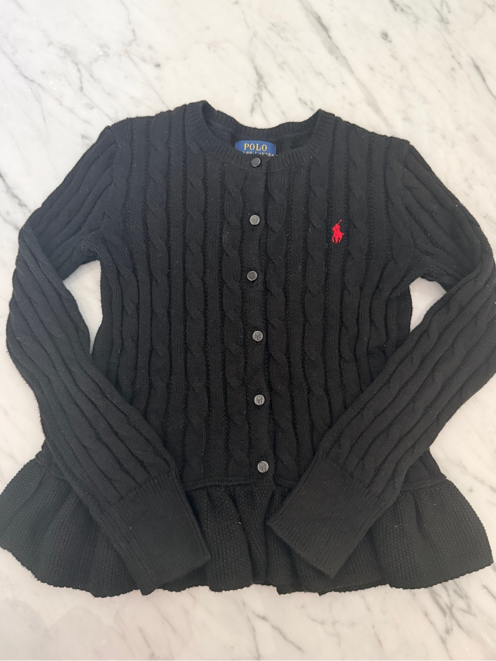 Ralph Lauren Ruffle Hem Cable-Knit Cardigan Black Size 7